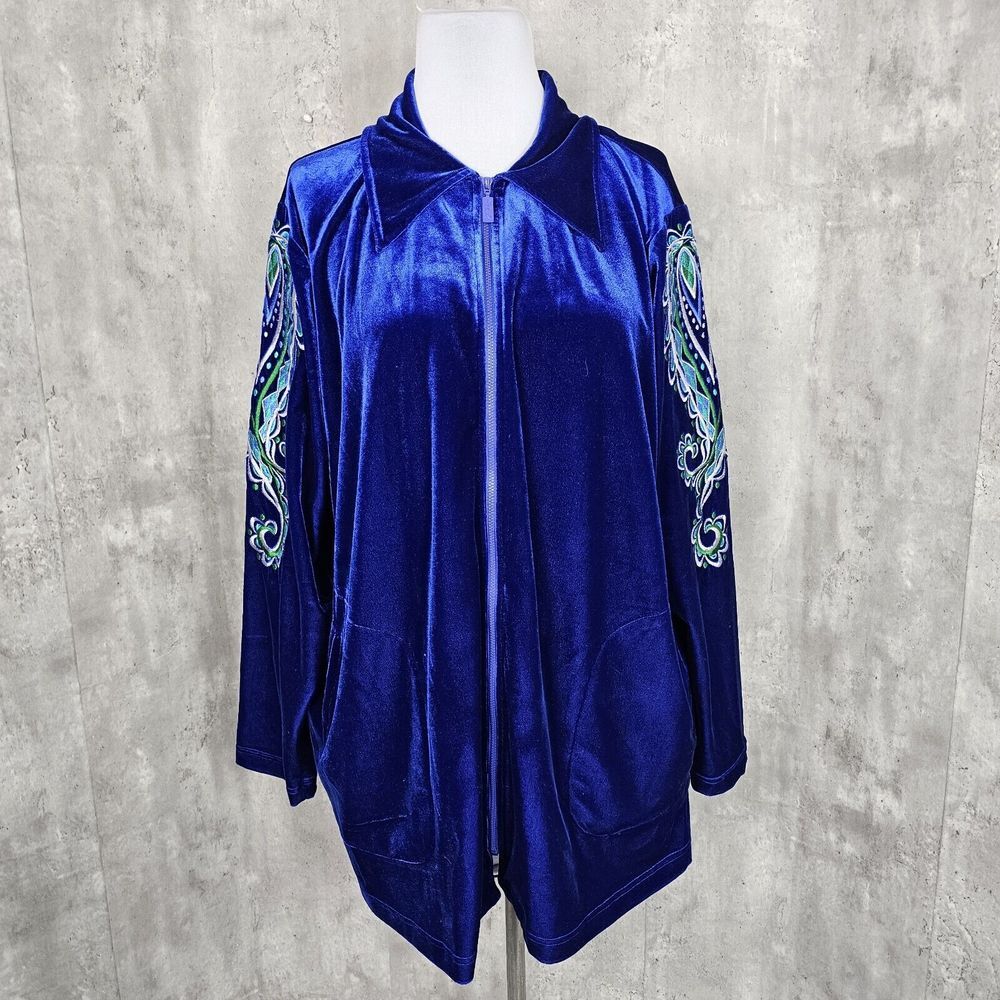 Bob Mackie Jacket 2X Blue Velvet Wearable Art Embroidered Full Zip Vintage